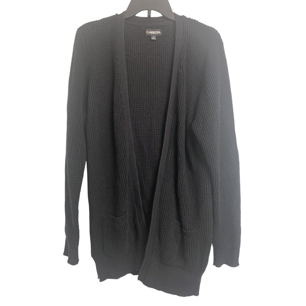 Carbon M Waffle Knit Open Front Cotton Cardigan Sweater Black Minimalist
